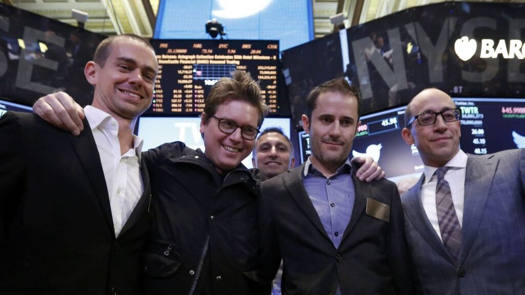 Fotografia de Jack Dorsey, Noah Glass, Evan Williams y Biz Stone fundadores de X Twitter.